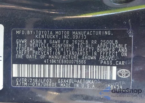 2013 Toyota Avalon Xle Premium from USA, damaged, VIN 4T1BK1EB9DU075566